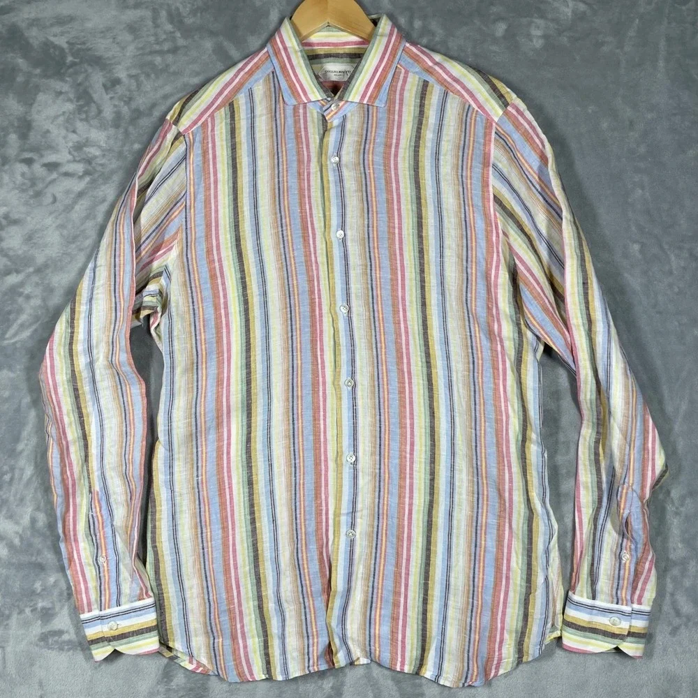 Guglielminotti Milano Mens 100% Linen Multi Color Striped Shirt Made in Italy 44